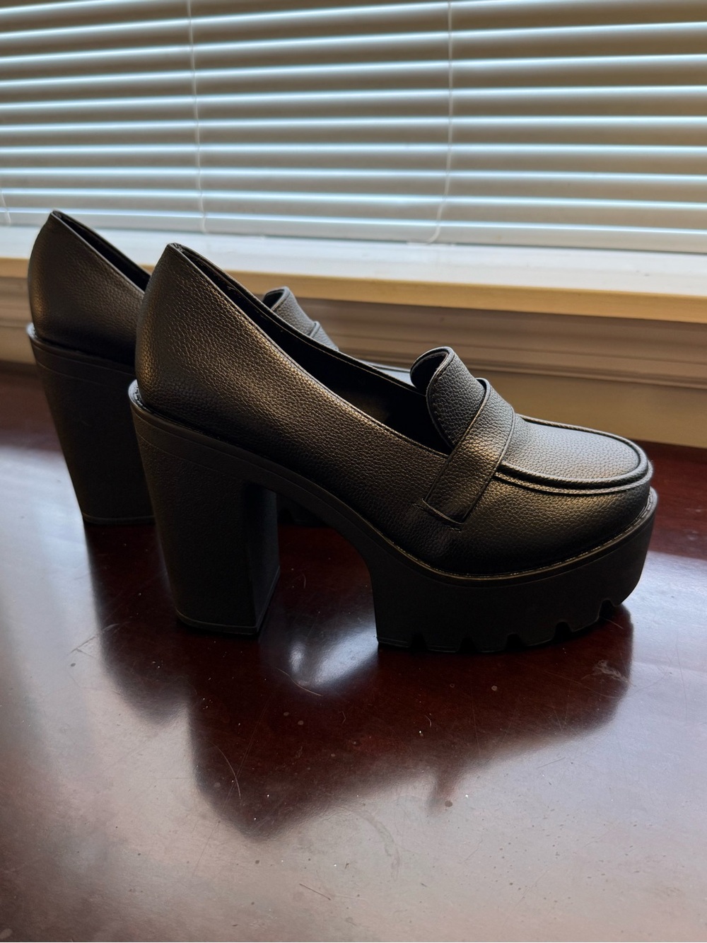 Black Platform Block Heel Loafers - Women's